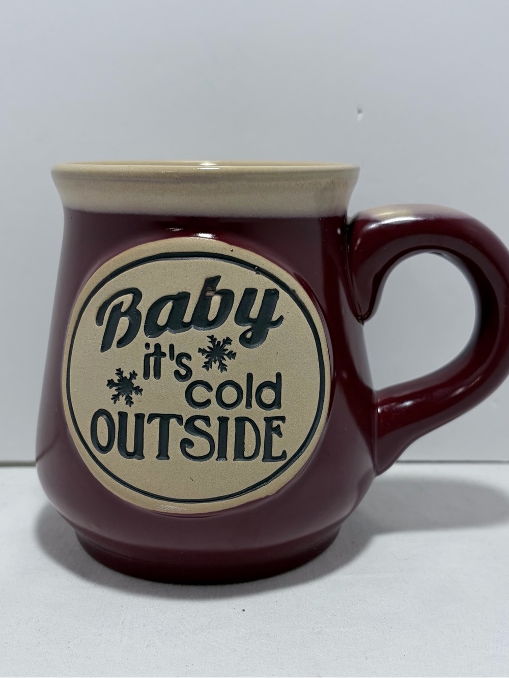 Festive Burgundy Ceramic Mug - 'Baby It's Cold Outside'